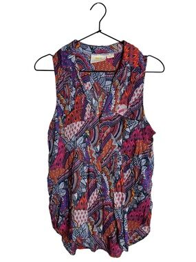 Maeve by Anthropologie Geometric Abstract Button-Down Collared Blouse Red Purple
